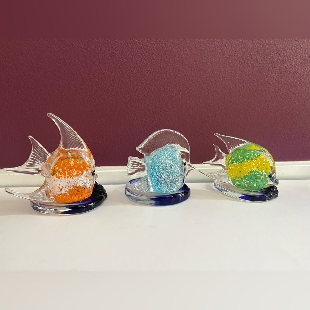 PartyLite Riviera Art Glass Angel Fish Tealight Candle Holder Orange Blue 3